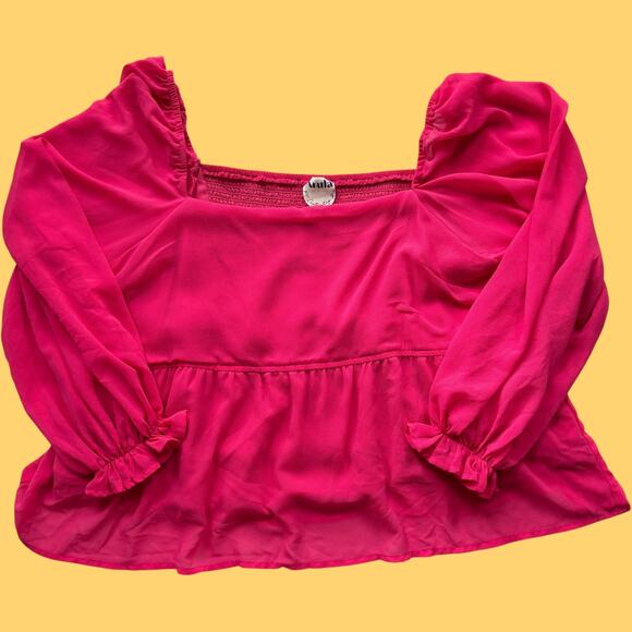 Arula Smocked Back Peplum Blouse Hot Pink Chiffon Long Sleeve C 3X - Picture 1 of 7